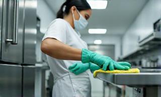 Deep cleaning staff working in kitchen