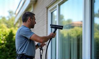 Technician cleaning residential window